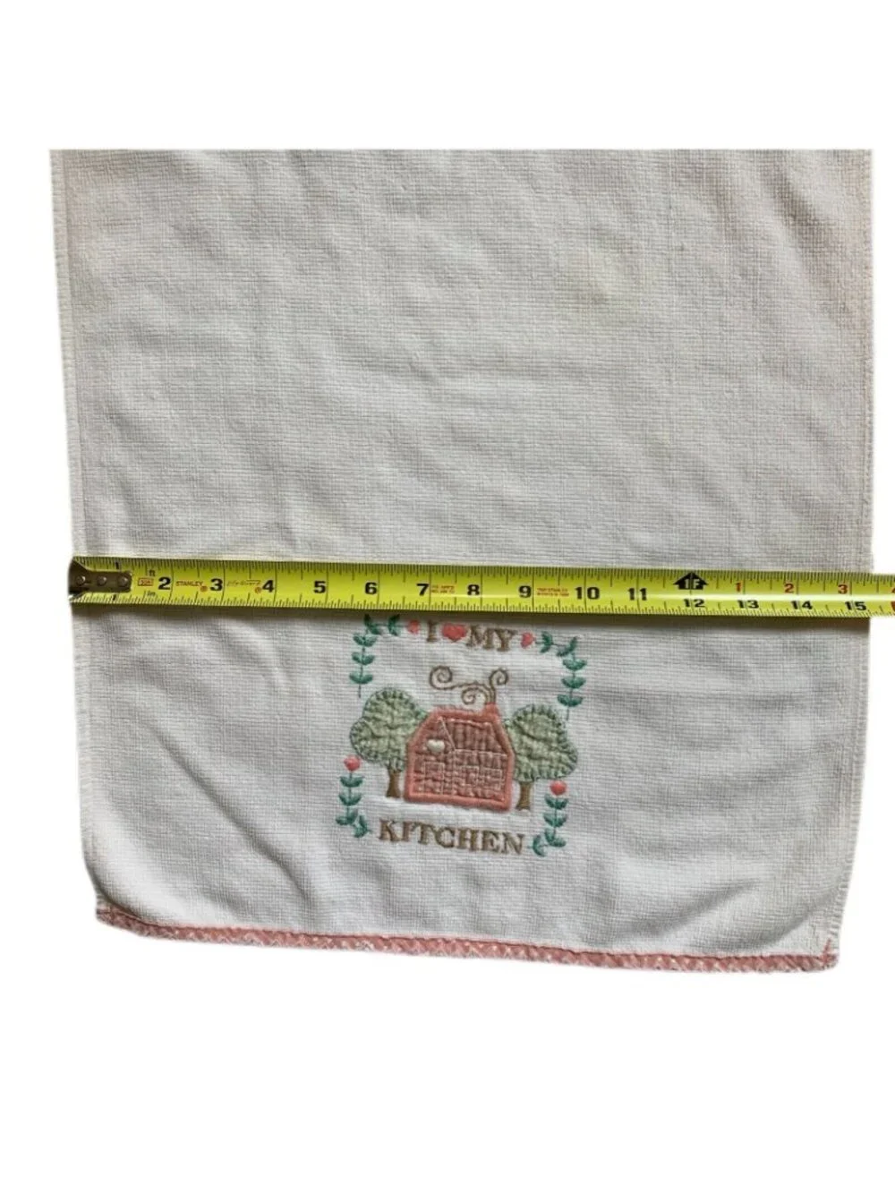 I Love My Kitchen Embroidered Cotton Hand Towels Set Of 2 White with Pink Trim